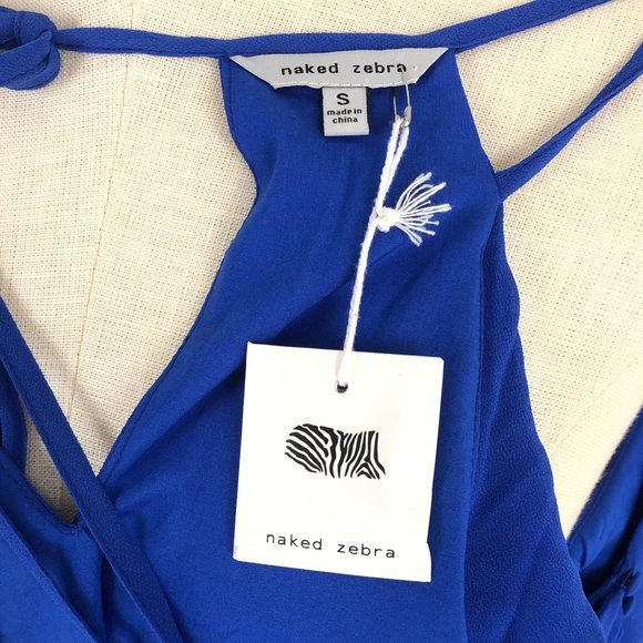NAKED ZEBRA Blue Mini Dress NWOT Women's Size Small Sleeveless Ruffle Tie Back - Picture 8 of 9